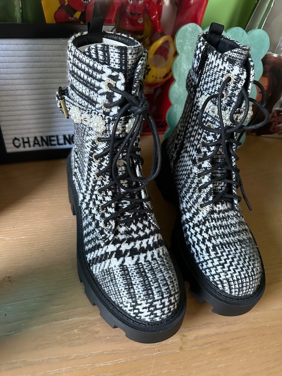 Betsey Johnson Shoes - Betsey Johnson Black & White Tweed Lace-Up Combat Boots with Pearl Chain